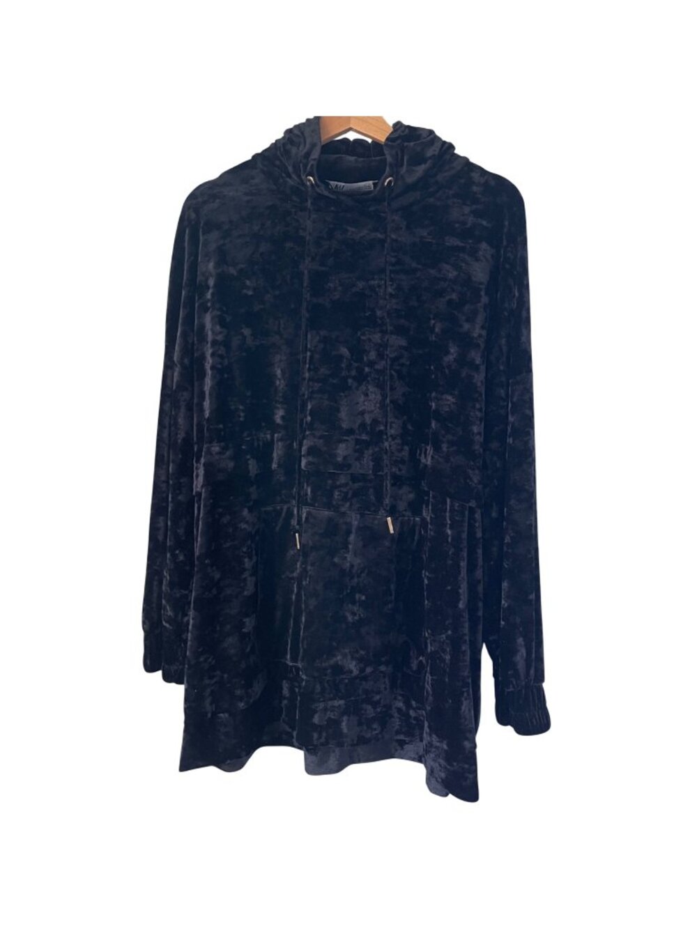 Zara Womens Hoodie Size M Black Crushed Velvet Longline Tunic Sweatshirt Goth